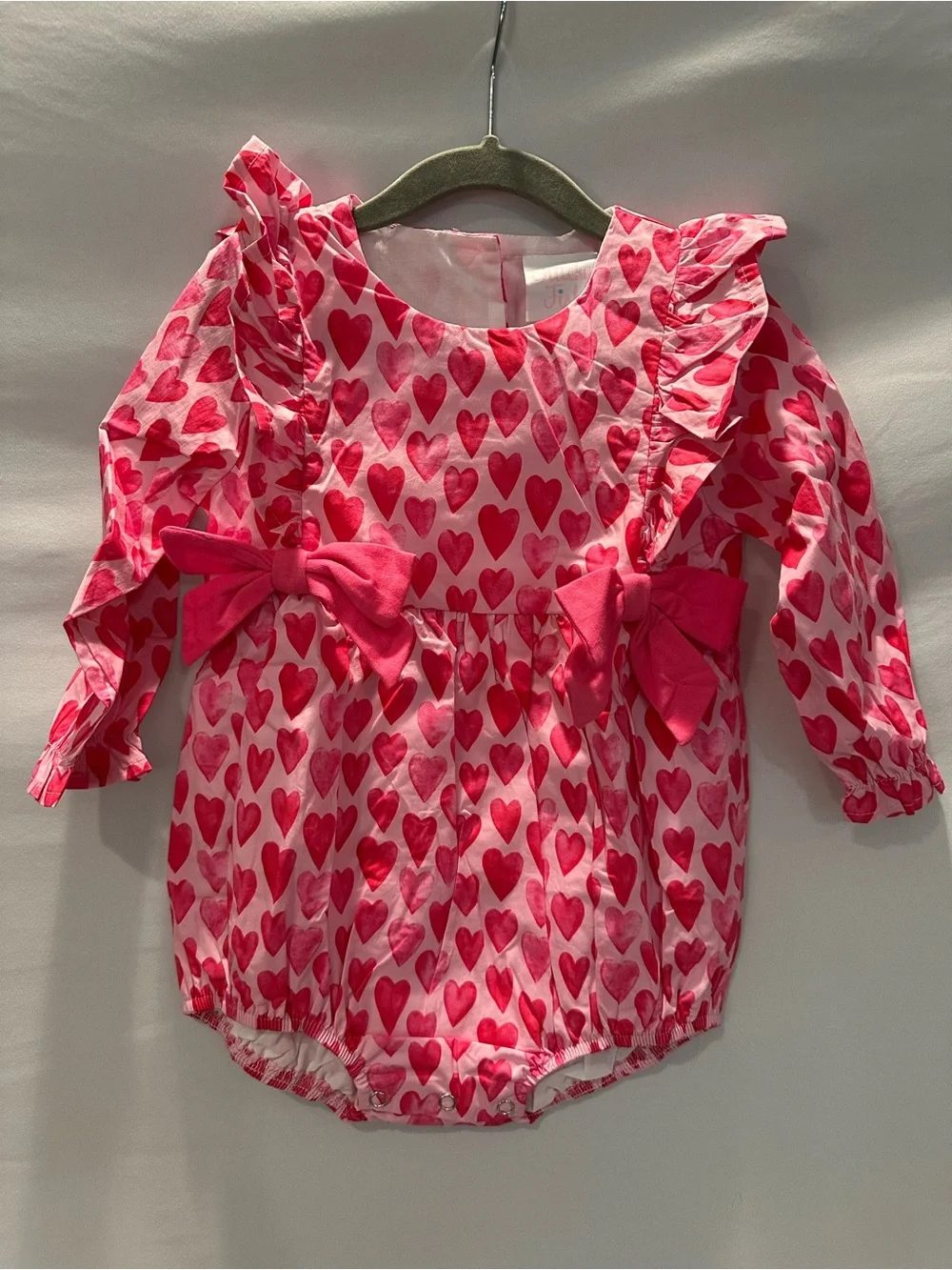 Girls Pink Heart-Print Ruffle One-Piece Bodysuit with Bows